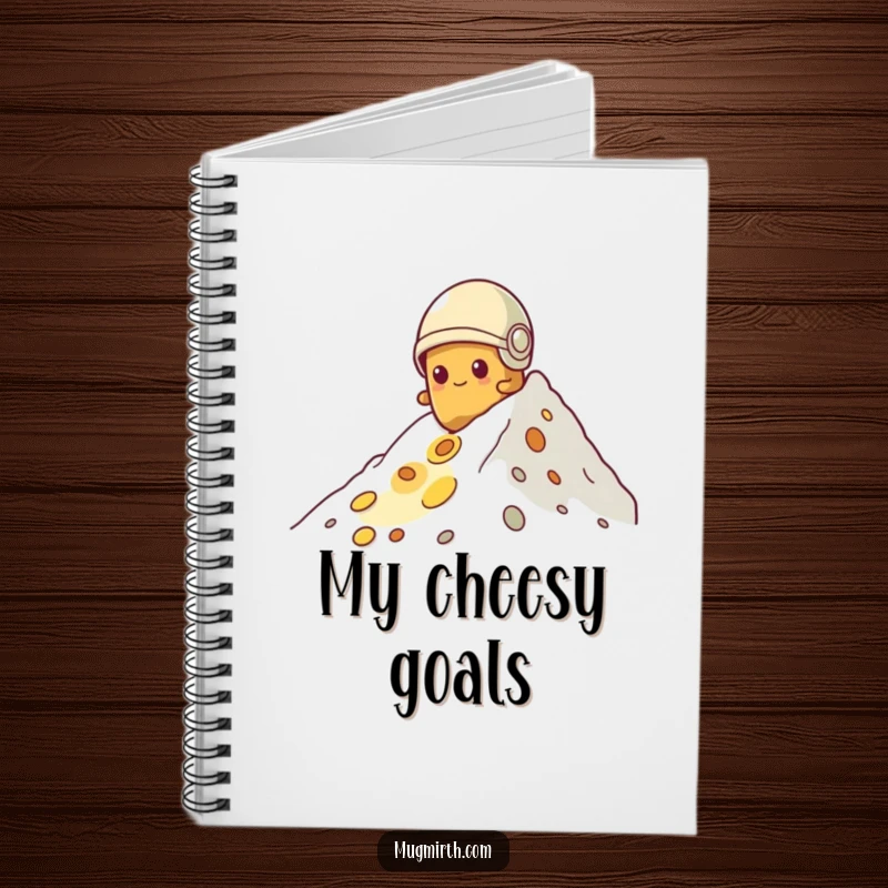 Funny potato notebook, tiny helmet, determined expression, climbing a mountain of cheese, ideal for jotting down challenging thoughts.