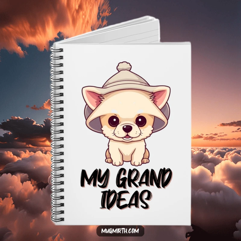 Funny notebook depicting a tiny dog wearing a large hat that obscures its eyes, great for jotting down notes.
