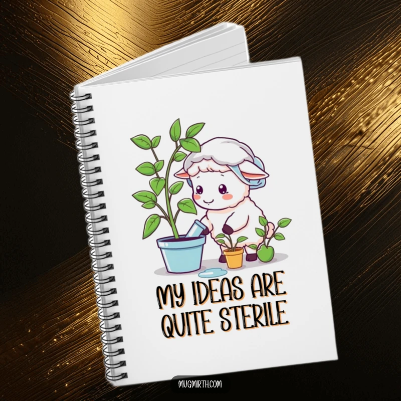 Funny sheep with a shower cap, watering a plastic plant, on a notebook cover, ideal for jotting funny ideas, funny gift.