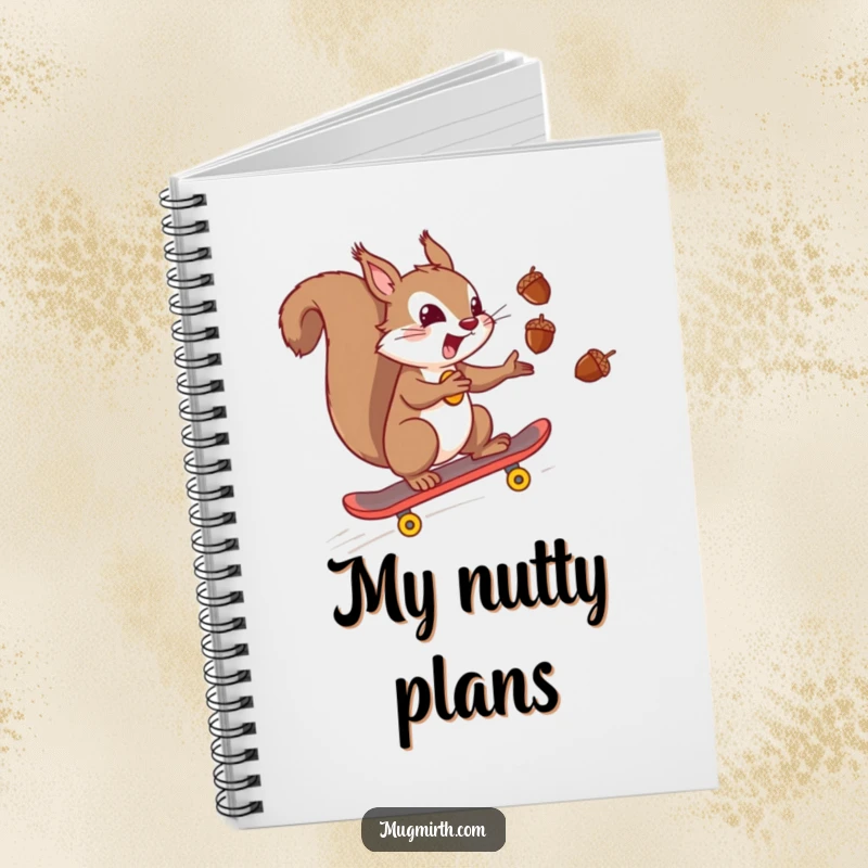 Funny mischievous squirrel juggling acorns while riding a skateboard, perfect for writing notes and plans. A functional and funny notebook.