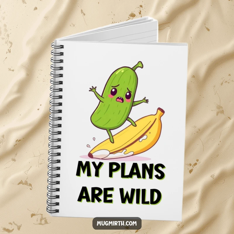 Funny notebook cover with a startled pickle comically surfing a runaway banana peel, perfect for jotting down adventurous ideas.