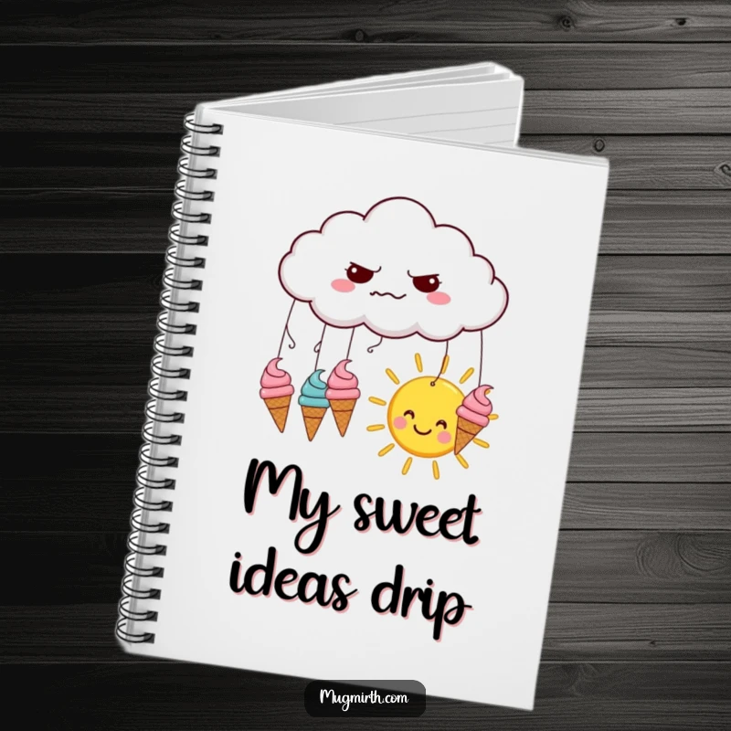 Funny notebook cover: a grumpy cloud rains ice cream cones onto a happy sun, inspiring creative and sweet entries.