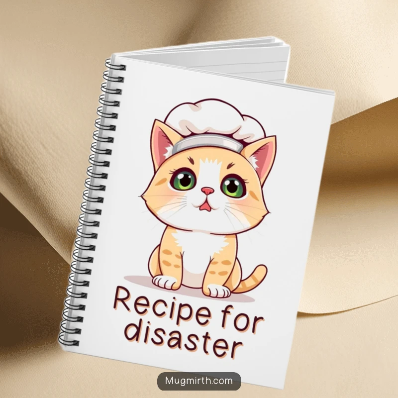 Funny cat chef notebook with a bewildered cat in a chef hat, flour on whiskers. Ideal for notes and sketches.