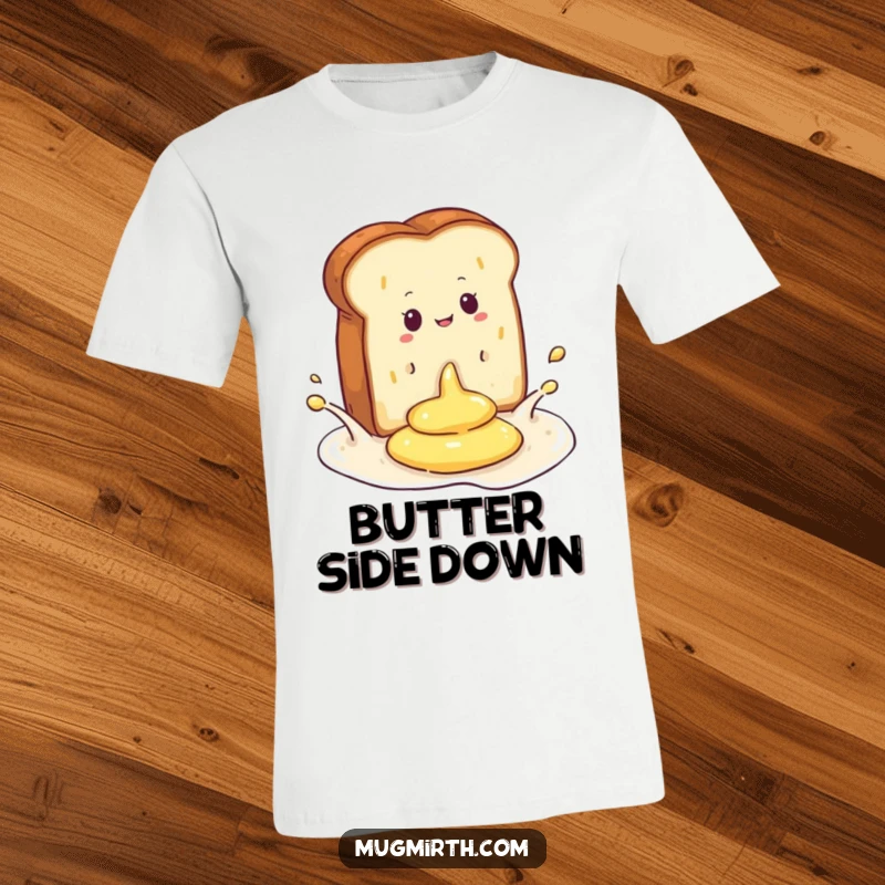 Funny t-shirt capturing the exact moment a slice of toast plummets into a tub of butter, a relatable food fail.