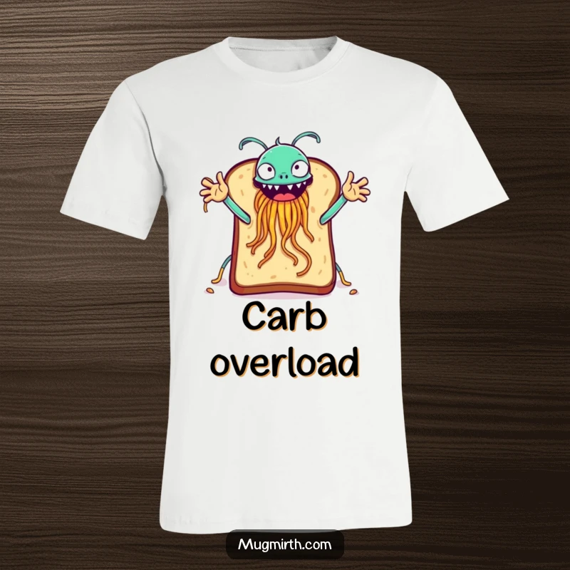 Funny slice of toast with arms out reaching for a high-five with a Flying Spaghetti Monster on a t-shirt.