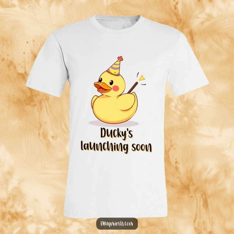 Funny t-shirt graphic: a rubber duck wearing a tiny party hat is launched from a slingshot, exuding joyful energy.