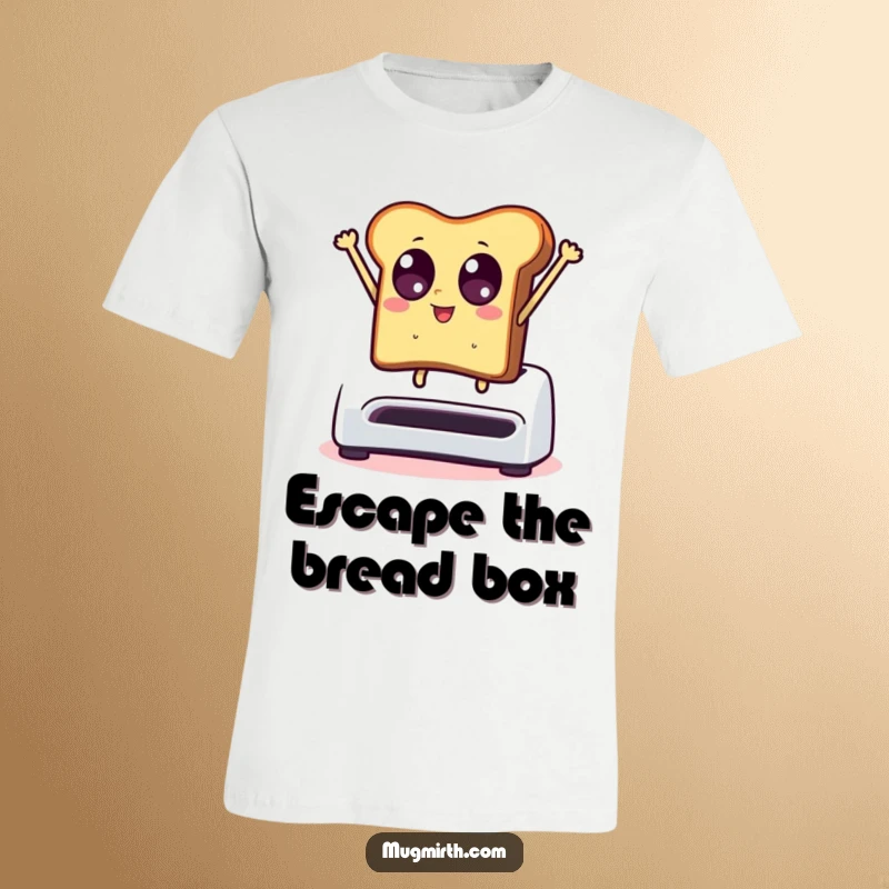 Funny t-shirt graphic: a piece of toast with wide eyes dramatically leaps from a popping toaster, conveying morning energy.