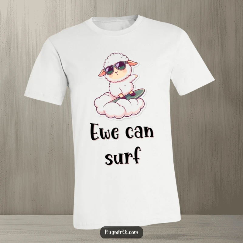 Funny t-shirt featuring a cool sheep in sunglasses riding a cloud like a surfboard, ideal for humorous summer wear.