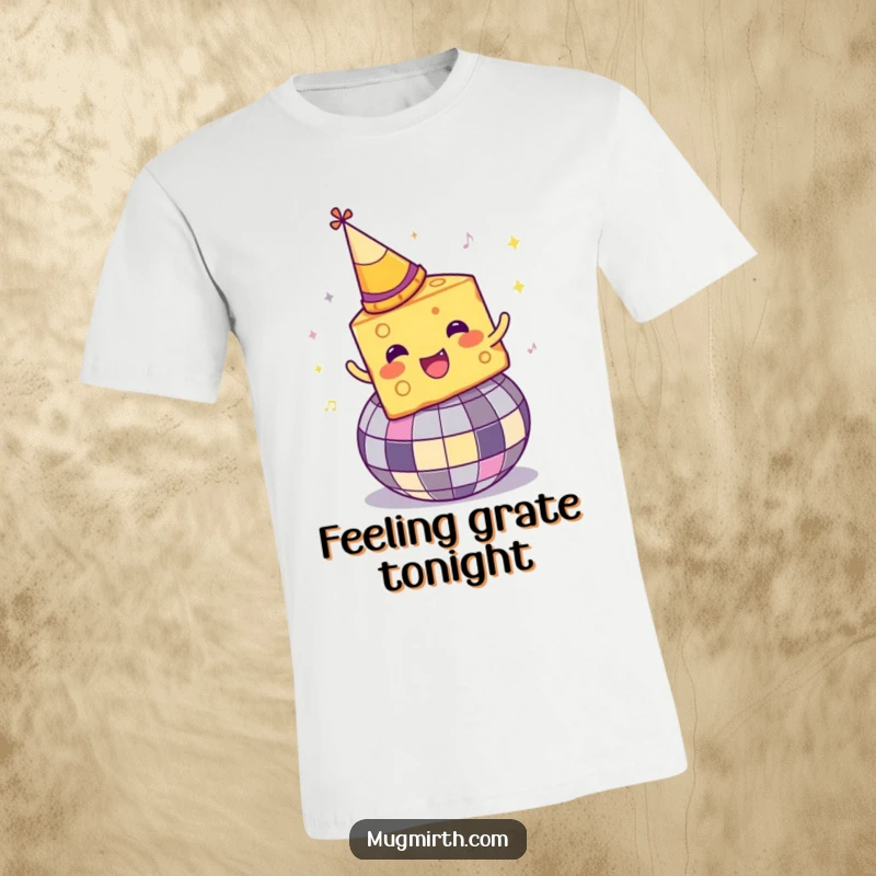 Funny Disco Cheese T-Shirt: A cheese wedge in a party hat dances on a disco ball, a wacky celebration.