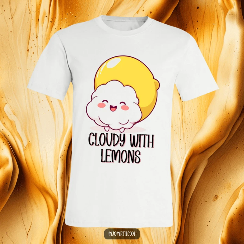 Funny Cloud and Lemon Squeeze T-Shirt: A humorous graphic tee with a fluffy cloud character joyfully squeezed by a smiling, giant lemon.