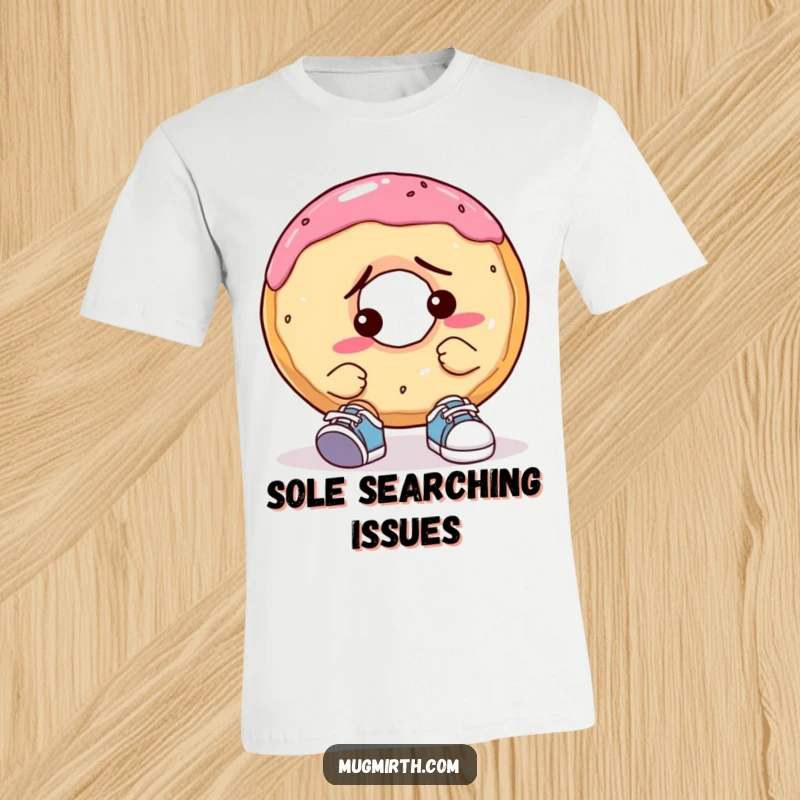 Funny Confused Donut T-Shirt: A comical illustration of a donut looking perplexed while trying to put on a pair of miniature shoes.