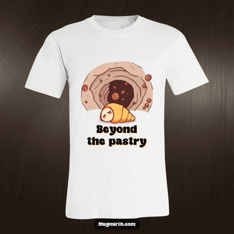 Funny t-shirt graphic of a sleepy croissant humorously pulled into a wormhole by a rogue coffee bean, showing a funny space-time pastry event.
