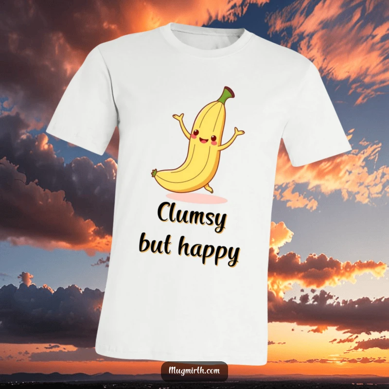 Funny dancing banana slipping on a peel but smiling brightly mid-fall on a t-shirt.