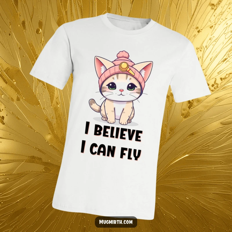 Funny Flying Cat T-Shirt: A whimsical cat in flight gear, complete with propeller beanie and comically large ears, ready for takeoff.