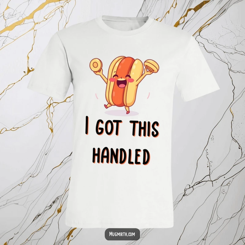 Funny Happy Hot Dog T-Shirt: A cheerful hot dog is depicted in mid-juggle with its bun, radiating pure, uncontainable happiness.