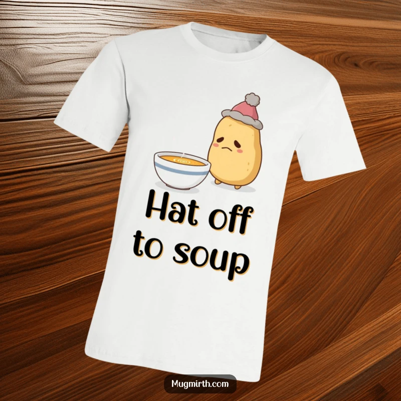 Funny Sad Potato T-Shirt: A wistful potato in a hat, yearning for a steamy bowl of soup, relatable humor.