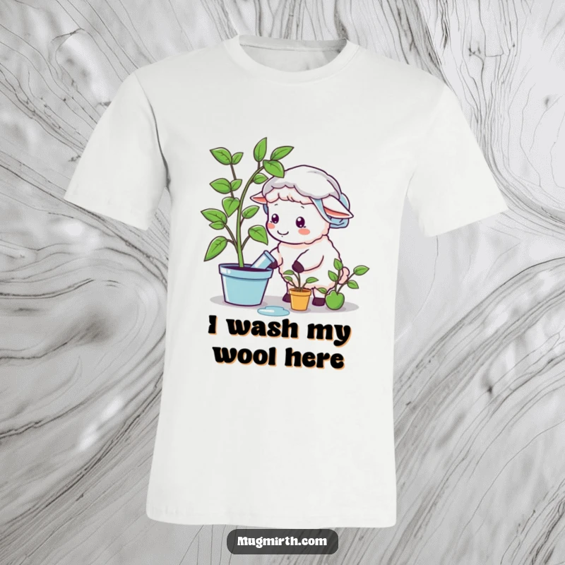 Funny sheep in a shower cap, watering a plastic plant with a perplexed expression, making this tee a hilarious gift.