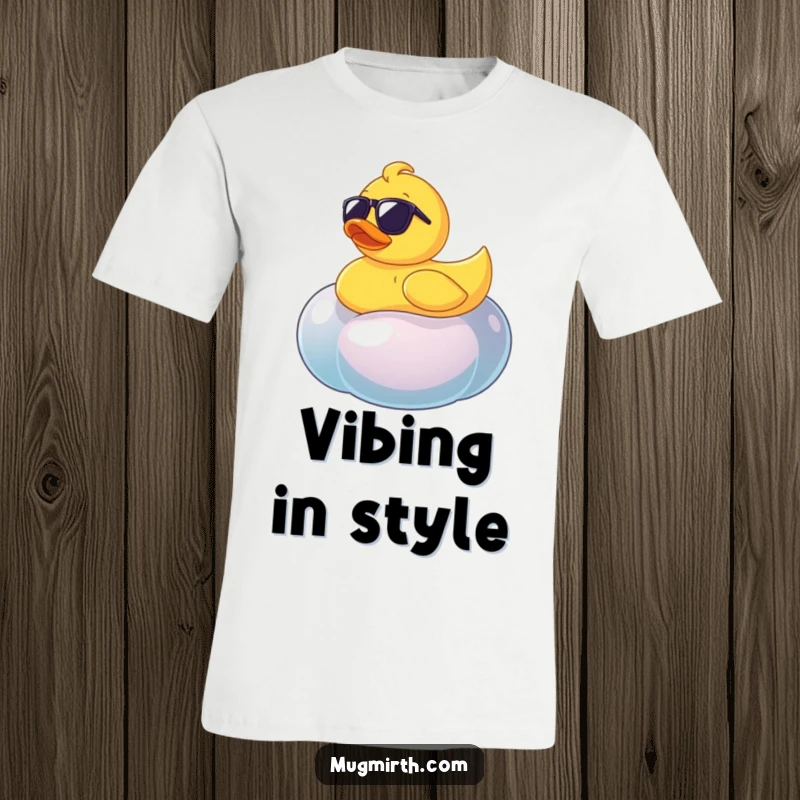 Funny rubber ducky in sunglasses floating on a giant wobbly jellybean, a humorous and quirky t-shirt design.