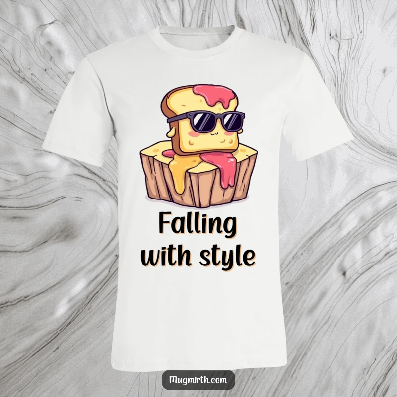 Funny t-shirt graphic of toast with sunglasses, humorously tumbling off a cliff made of jam, depicting a funny, sticky situation.
