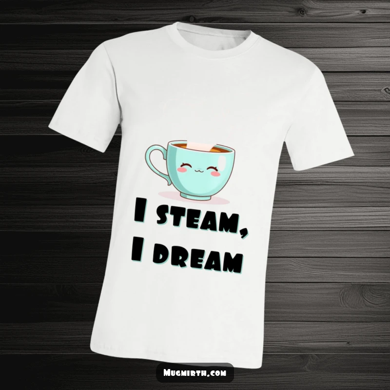 Funny teacup t-shirt featuring a sentient cup blowing large, iridescent bubbles made of steam, full of charm.