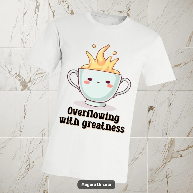 Funny T-Shirt: A smugly grinning teacup overflowing with a beverage, printed on a comfortable tee.