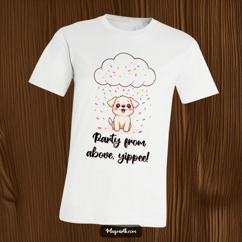 Funny happy cloud raining confetti on a surprised tiny dog, printed on a tee, symbolizing unexpected joy, a funny gift.
