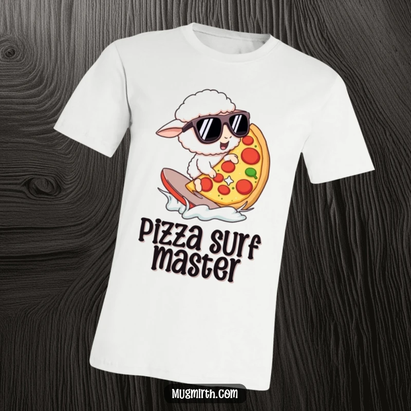Funny T-Shirt: A sheep in oversized sunglasses surfs a massive pizza slice with cool confidence. A hilarious and funny gift.