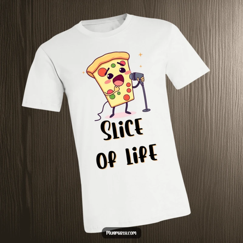 Funny opera pizza t-shirt showing a slice of pizza singing opera with a tiny microphone. Humorous apparel for foodies.
