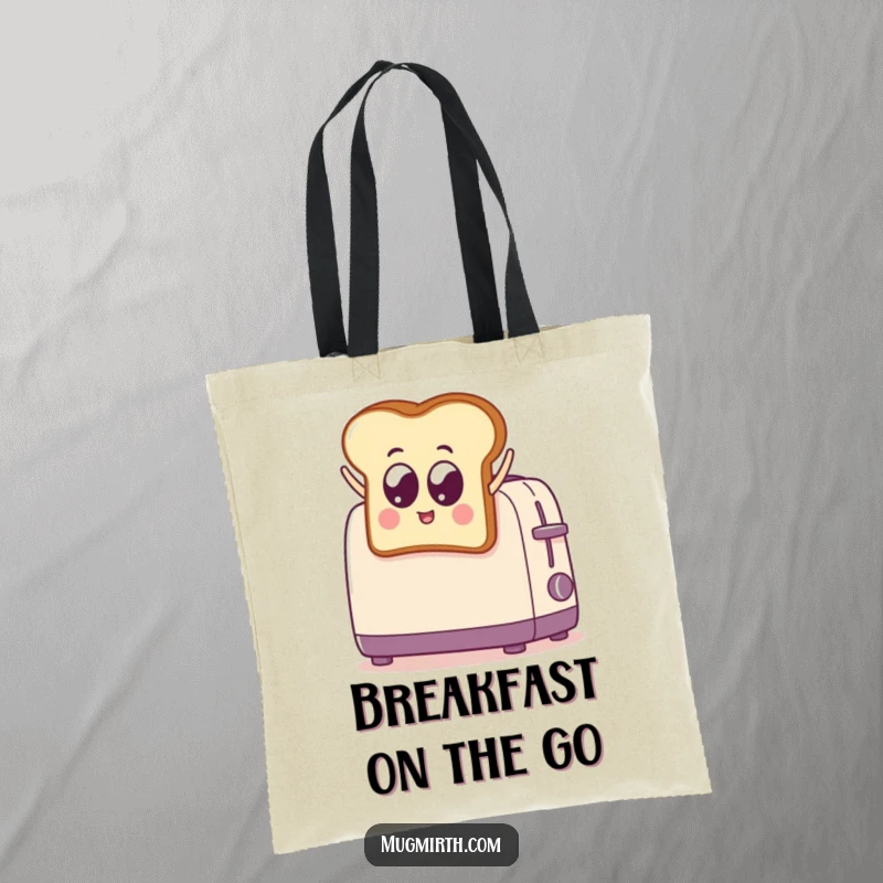 Funny Toast Leaping into Toaster Tote Bag: A humorous tote bag depicting a googly-eyed toast piece jumping into a toaster. Great for groceries.