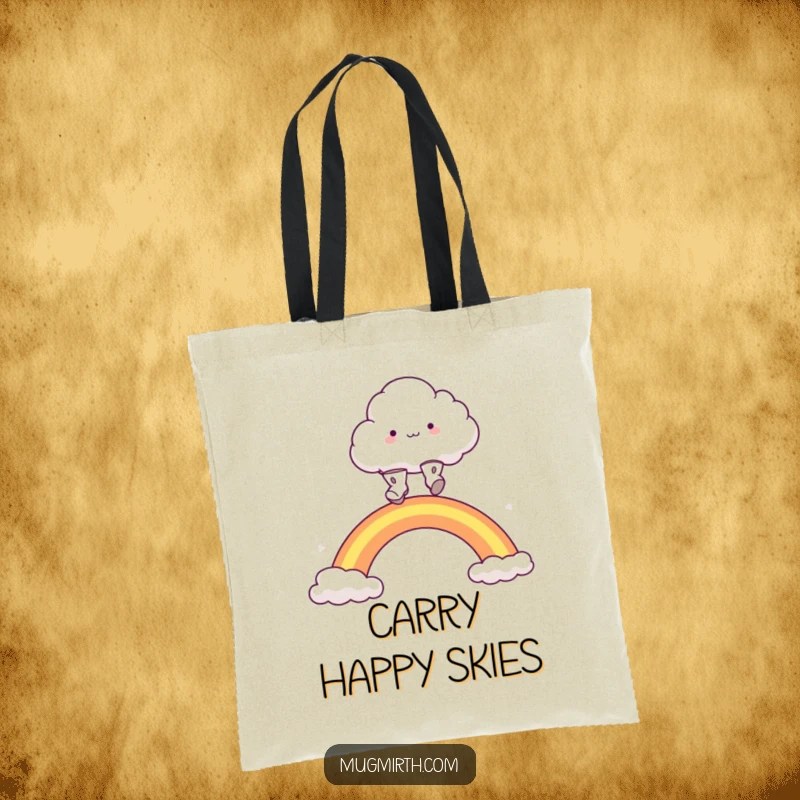 Funny fluffy cloud with tiny boots, excitedly leaping over a vibrant rainbow, perfect for carrying essentials. A charming and funny tote bag.