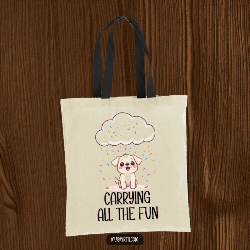Funny happy cloud showering confetti onto a surprised dog, on a tote bag, showcasing playful humor and a funny gift.