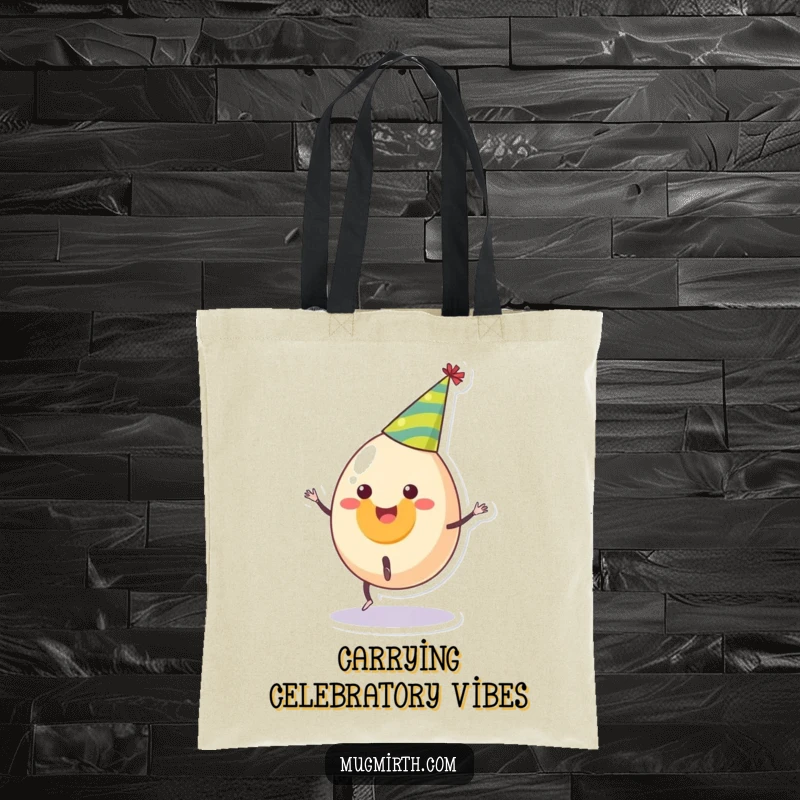 Funny tote bag with a smiling egg in a party hat attempting a cartwheel, perfect for carrying daily essentials with humor.