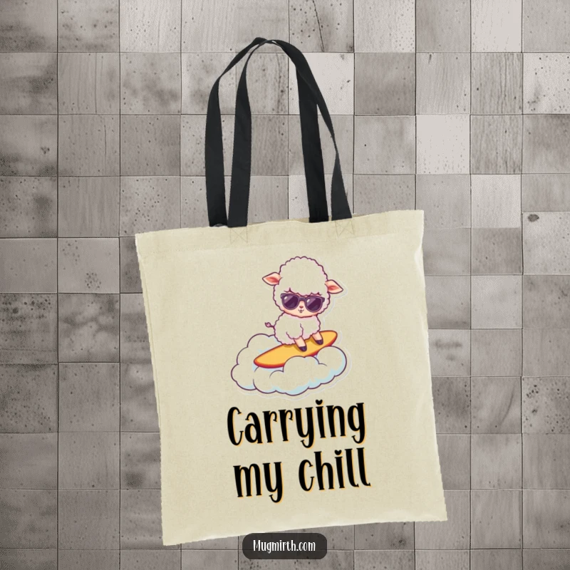 Funny sheep tote bag, a cool sheep in sunglasses surfing on a cloud, perfect for shopping and daily use.