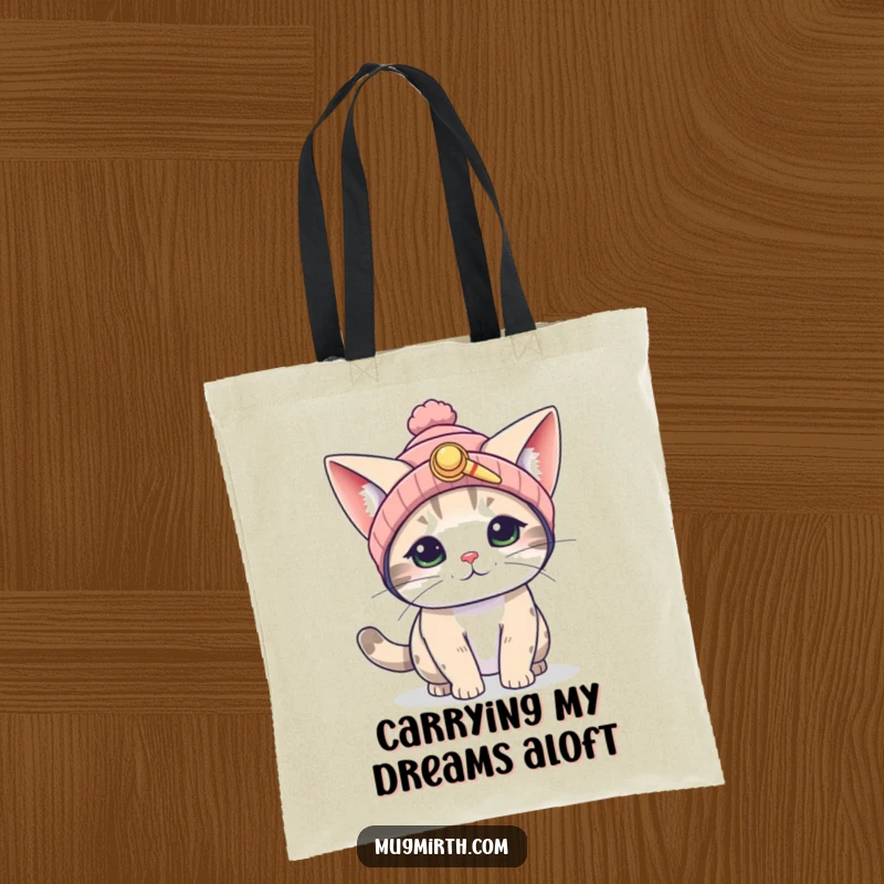 Funny Flying Cat Tote Bag: A durable tote featuring a comical cat in a propeller beanie, using big ears to achieve flight.