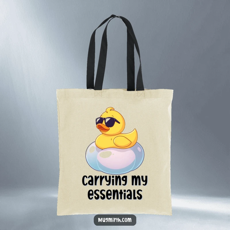 Funny rubber ducky in sunglasses floating on a wobbling jellybean, a humorous and practical tote bag.