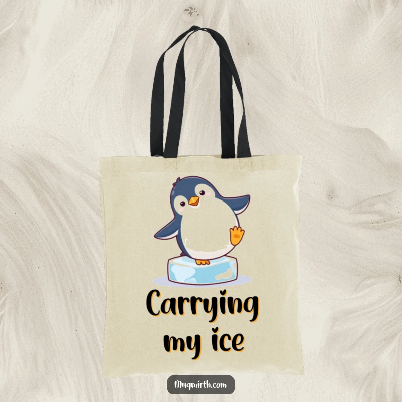 Funny, round penguin attempting a handstand on an ice cube, making this tote bag a humorous and practical accessory.