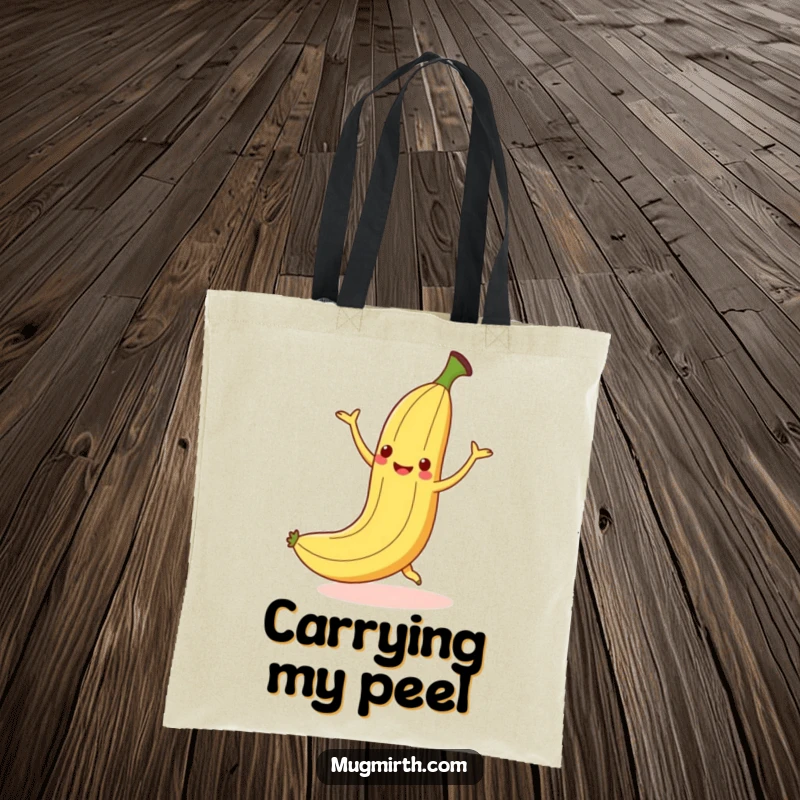 Funny dancing banana slipping on a peel but smiling, a humorous and practical tote bag.
