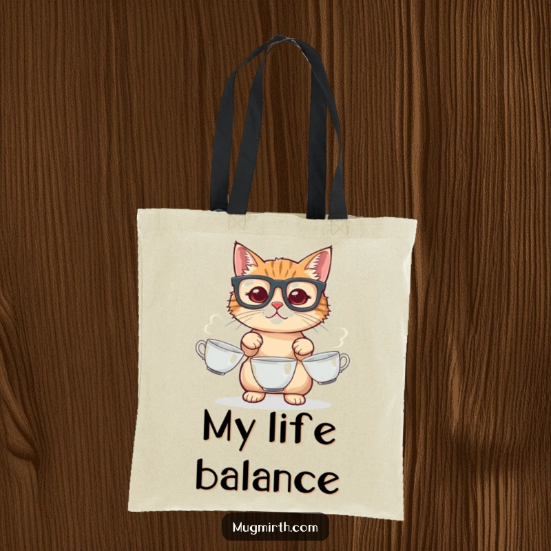 Funny cat tote bag, oversized glasses on, juggling three teacups, a whimsical and practical bag for everyday use.