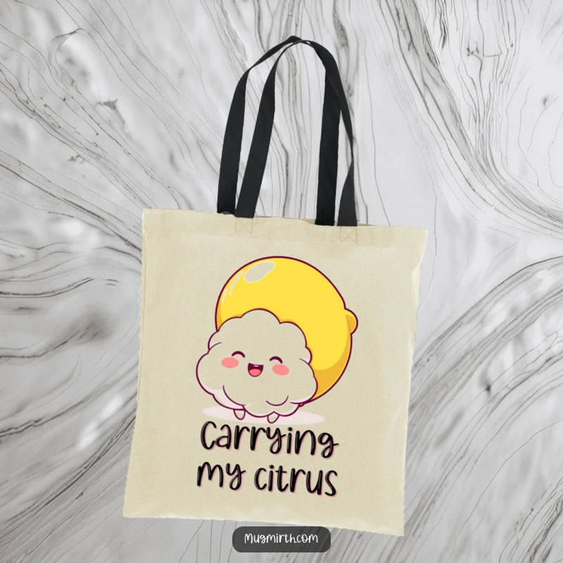 Funny Cloud and Lemon Hug Tote Bag: A humorous tote bag with a fluffy cloud character being squeezed by a smiling lemon. Great for shopping.