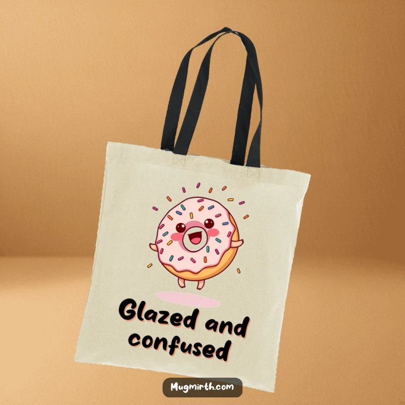 Funny donut tote bag, sprinkles in motion, doing a cartwheel, glaze flying, a humorous and practical accessory.