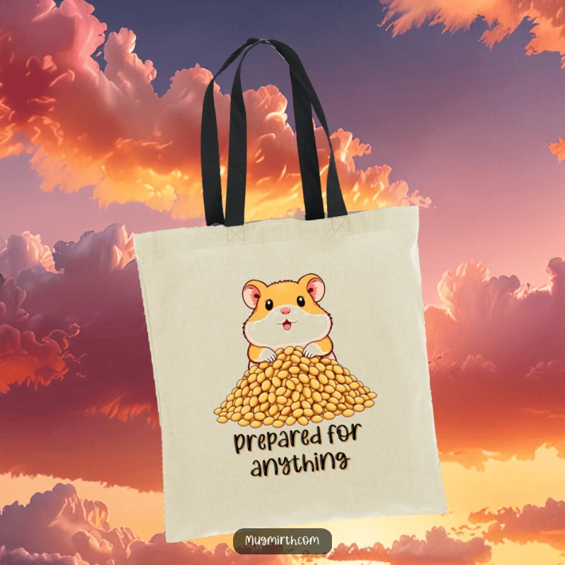 Funny hamster tote bag showcasing a proud rodent with a colossal pile of sunflower seeds, a humorous and practical accessory.