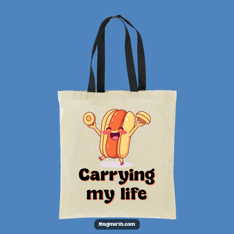 Funny Happy Hot Dog Tote Bag: Juggling Bun Joy, a hilarious and practical gift.