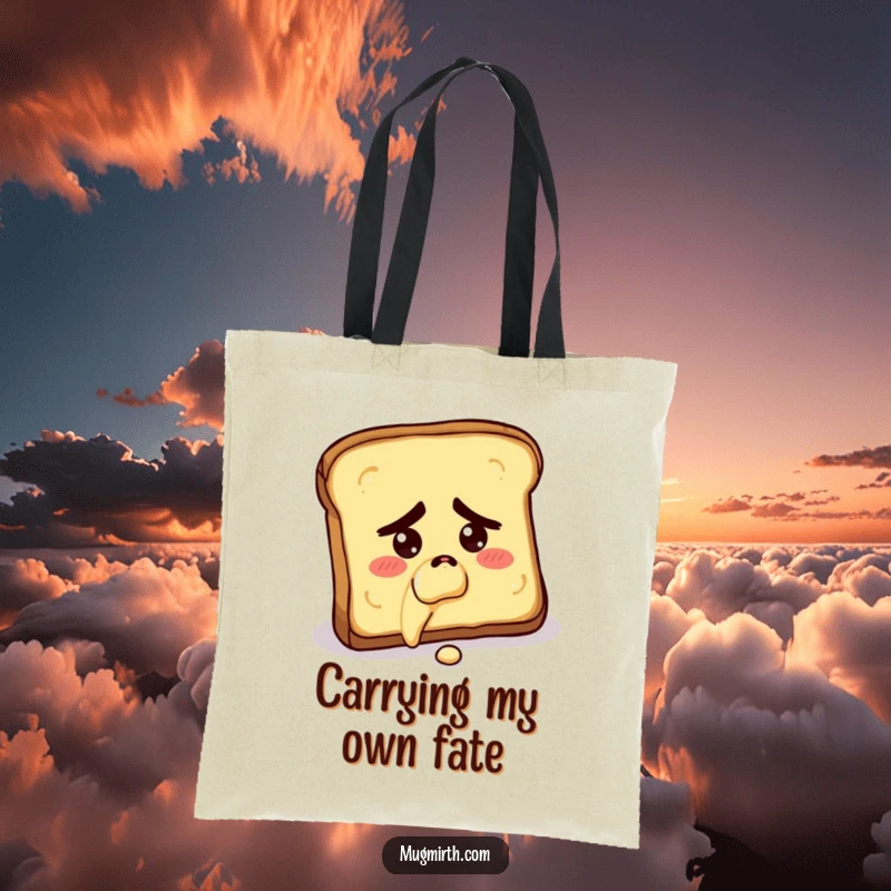 Funny tote bag with a concerned slice of toast falling butter-side down, perfect for grocery runs and humor.