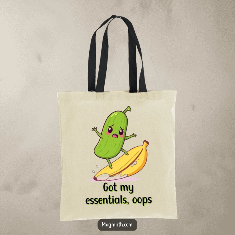 Funny tote bag featuring a startled pickle humorously surfing a runaway banana peel, great for carrying items with a smile.