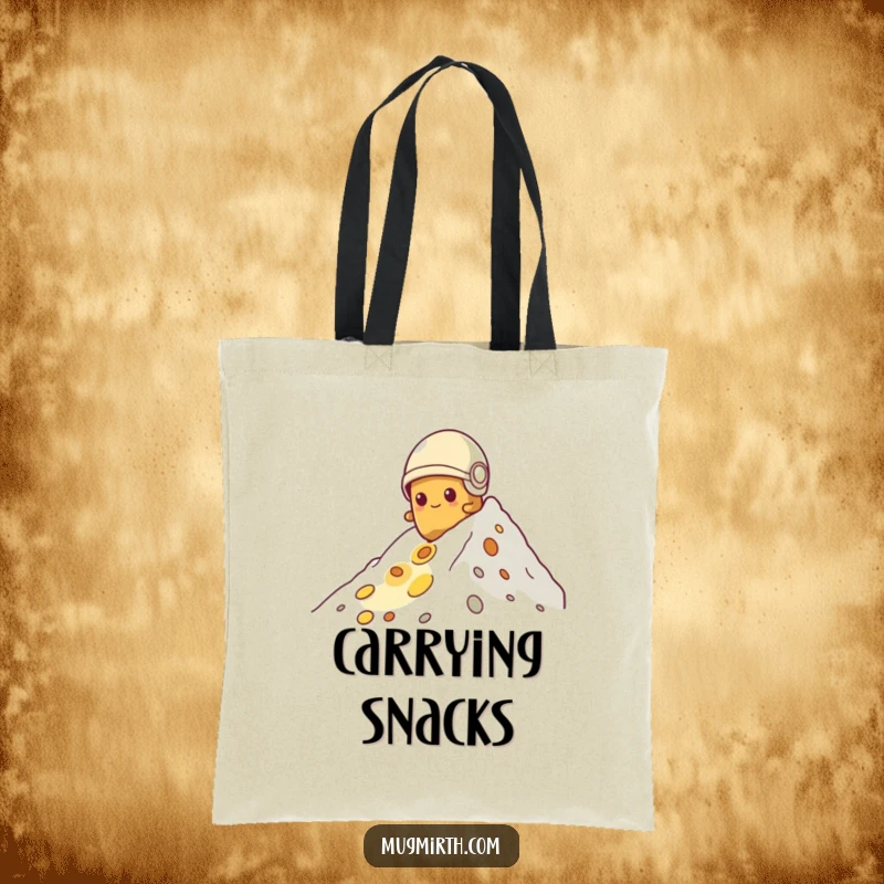Funny potato tote bag, tiny helmet, determinedly climbing a mountain of cheese, a humorous and functional carry-all.