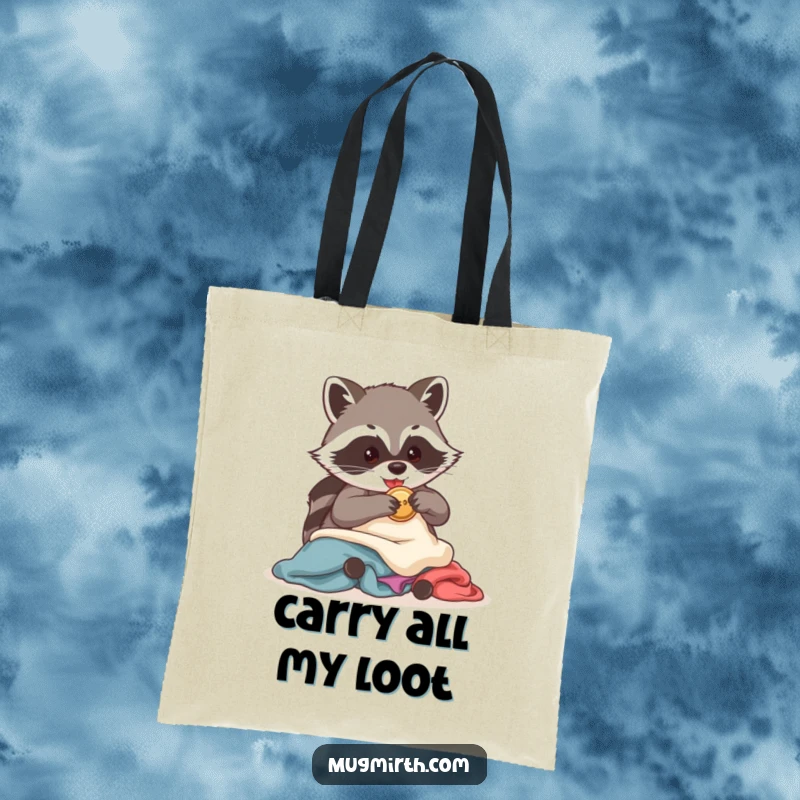 Funny Raccoon Tote Bag: A cute raccoon is captured in the act of stealing a single shiny button from a jumble of garments.