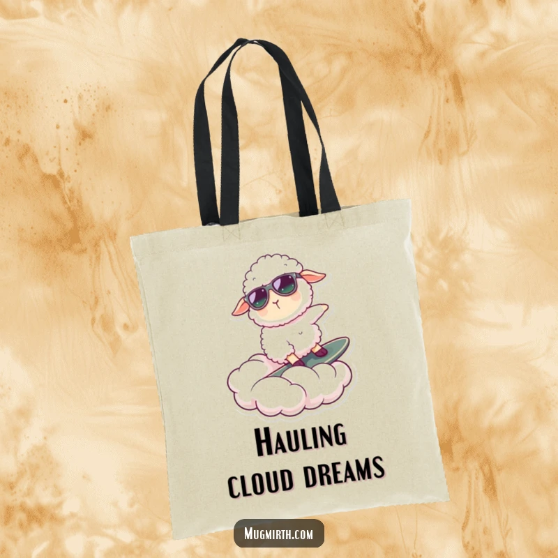 Funny tote bag illustrating a happy sheep in sunglasses surfing a fluffy cloud, a whimsical and practical accessory.