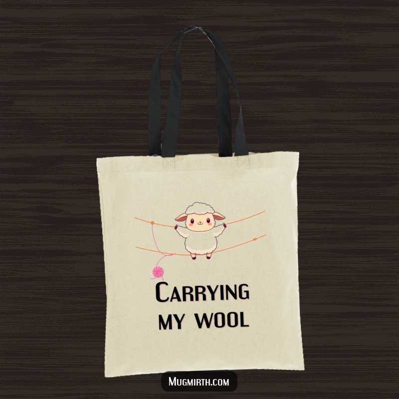 Funny sheep tote bag, fluffy, walking a clothesline tightrope, unraveling yarn, a humorous and practical carry-all.