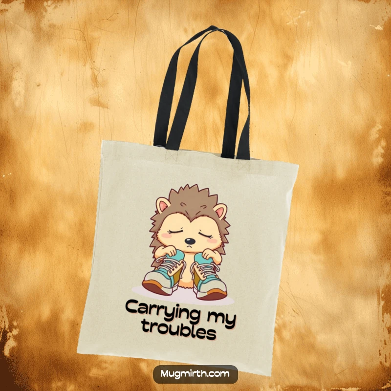 Funny Sleepy Hedgehog Tote Bag: A confused hedgehog struggles with oversized sneakers, ready for shopping.