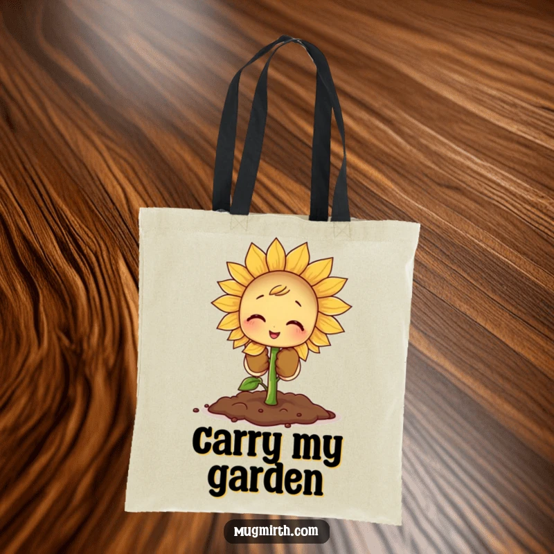 Funny Sprout Gardener Tote Bag: A tiny sprout wears oversized gloves, struggling to plant a giant sunflower seed.
